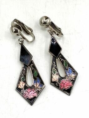 Vintage Silver Tone Cloisonne Enamel Dangle Clip Earrings Black Floral Kite 2in